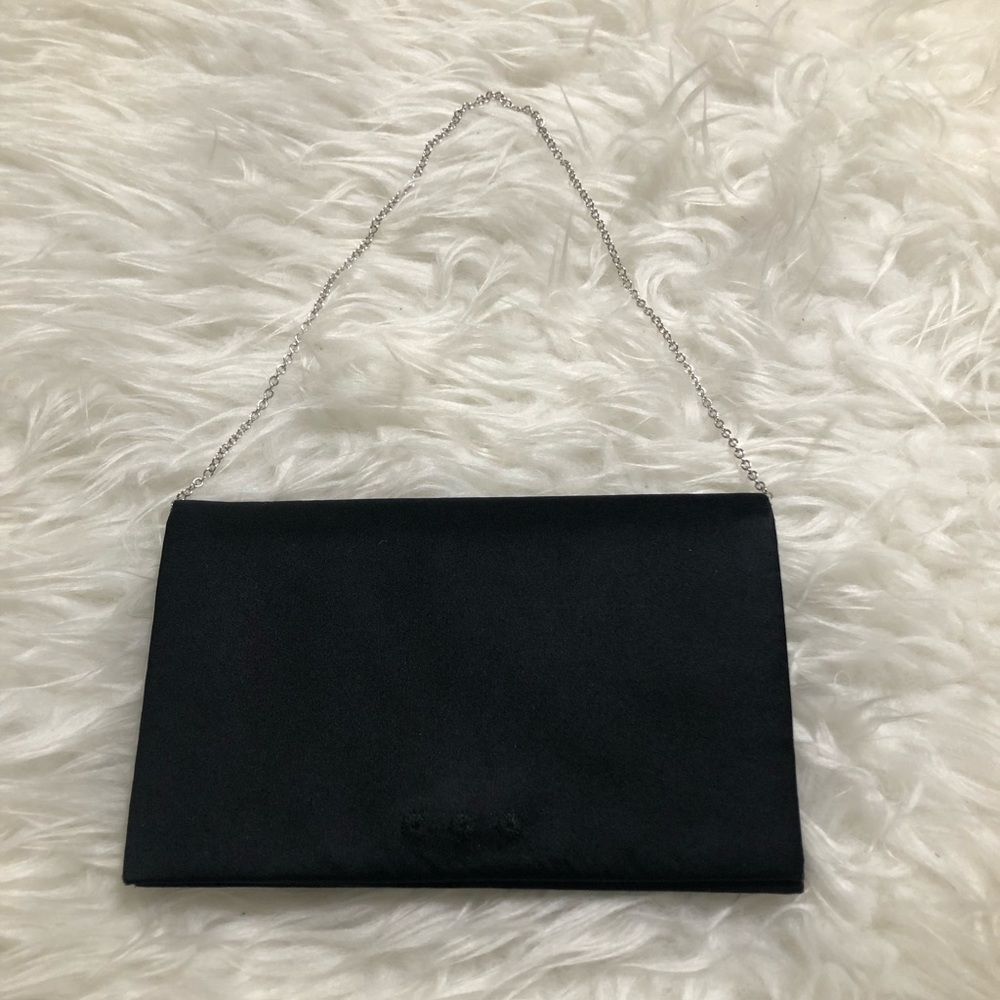 👜KATE SPADE BLACK DUCHESS SATIN MINIMALIST SMALL EVENING BG W/THIN SILVER CHAIN